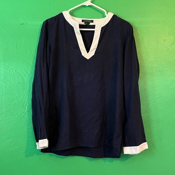 Lauren Ralph Lauren Navy White Linen Tunic - Picture 1 of 4